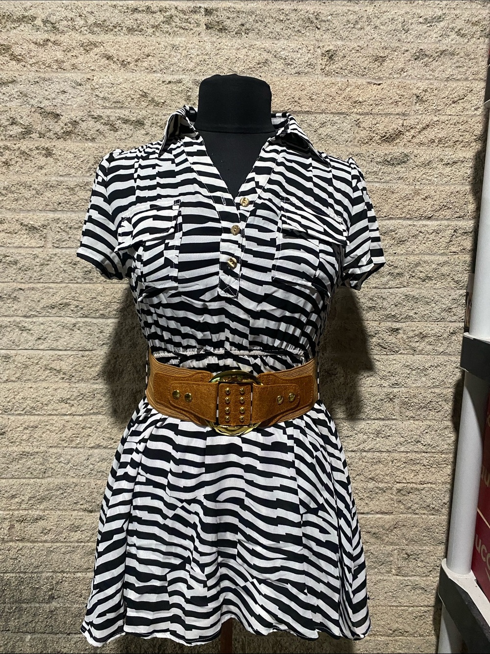 Xtaren Black and White Zebra Print Dress with Tan Belt
